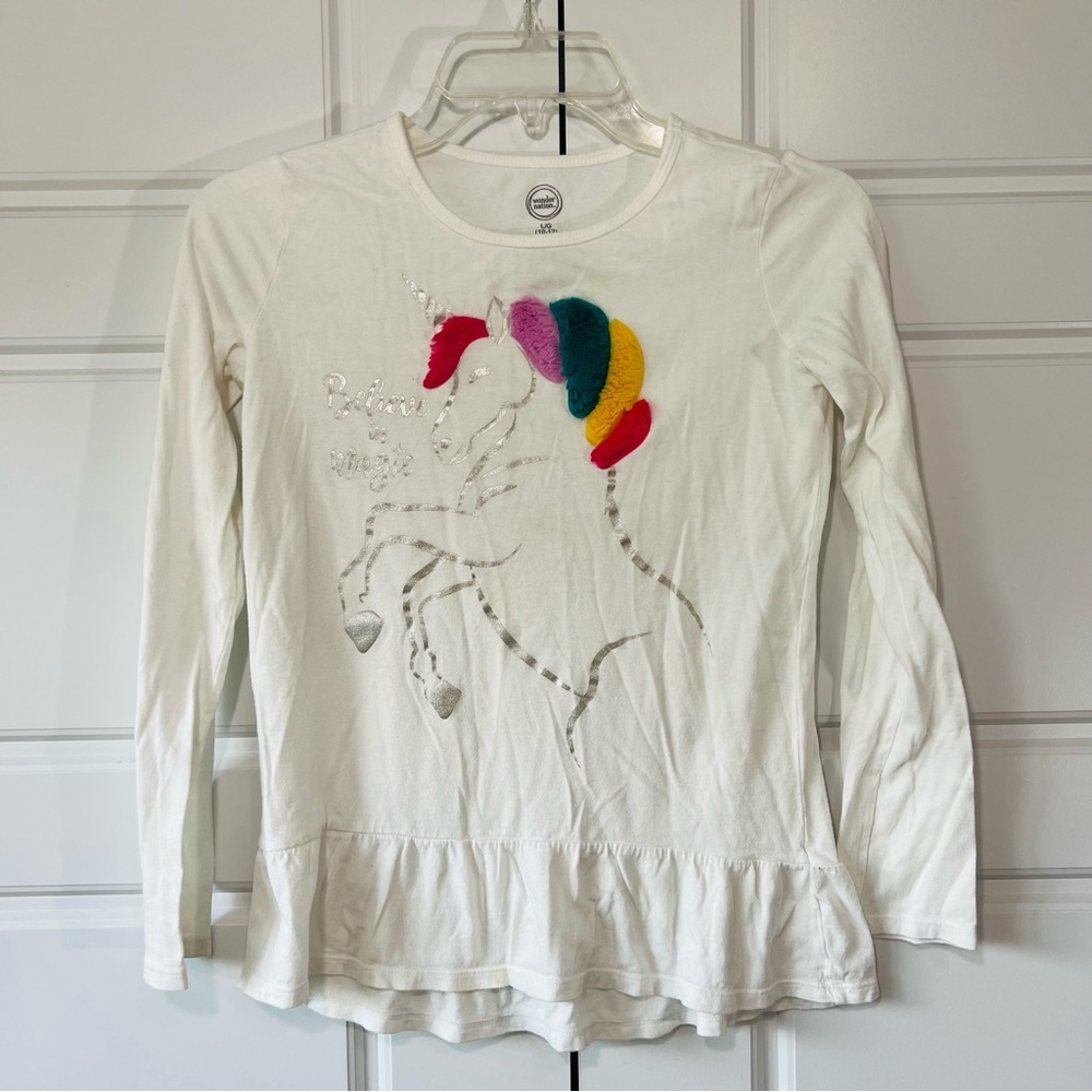Wonder Nation Girls Fuzzy Unicorn Long Sleeve‎ Ruffle Hem Top Shirt Size 10/12